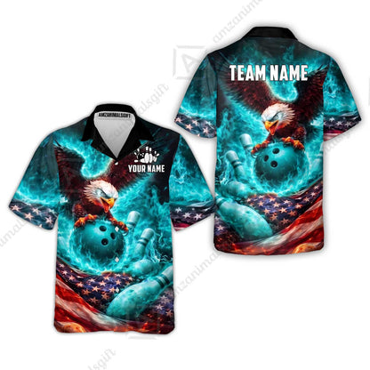 Custom Bowling Jersey Polo Shirt, Patriotic Blue Fire Eagle, Custom Bowling Jersey Team Shirt For Players With Name and Team Name