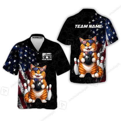 Custom Bowling Jersey Polo Shirt, Cat With Glasses And Bow Tie Bowling Pattern America Flag, Personalize Name and Team Name