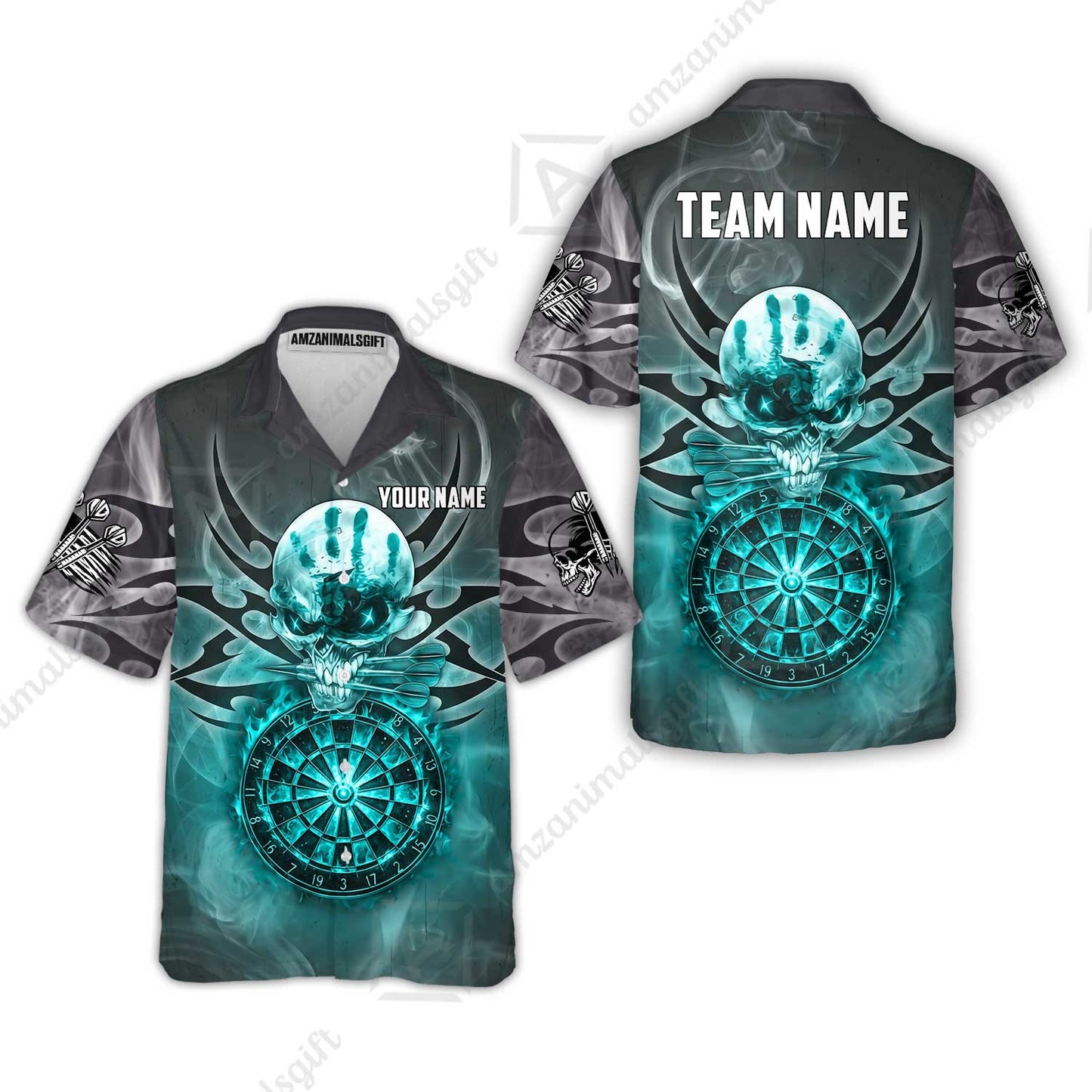 Custom Darts Jersey Polo Shirt, Glowing Fire Skull Tribal, Custom Dart Jersey Team Shirt For Players With Name & Team Name