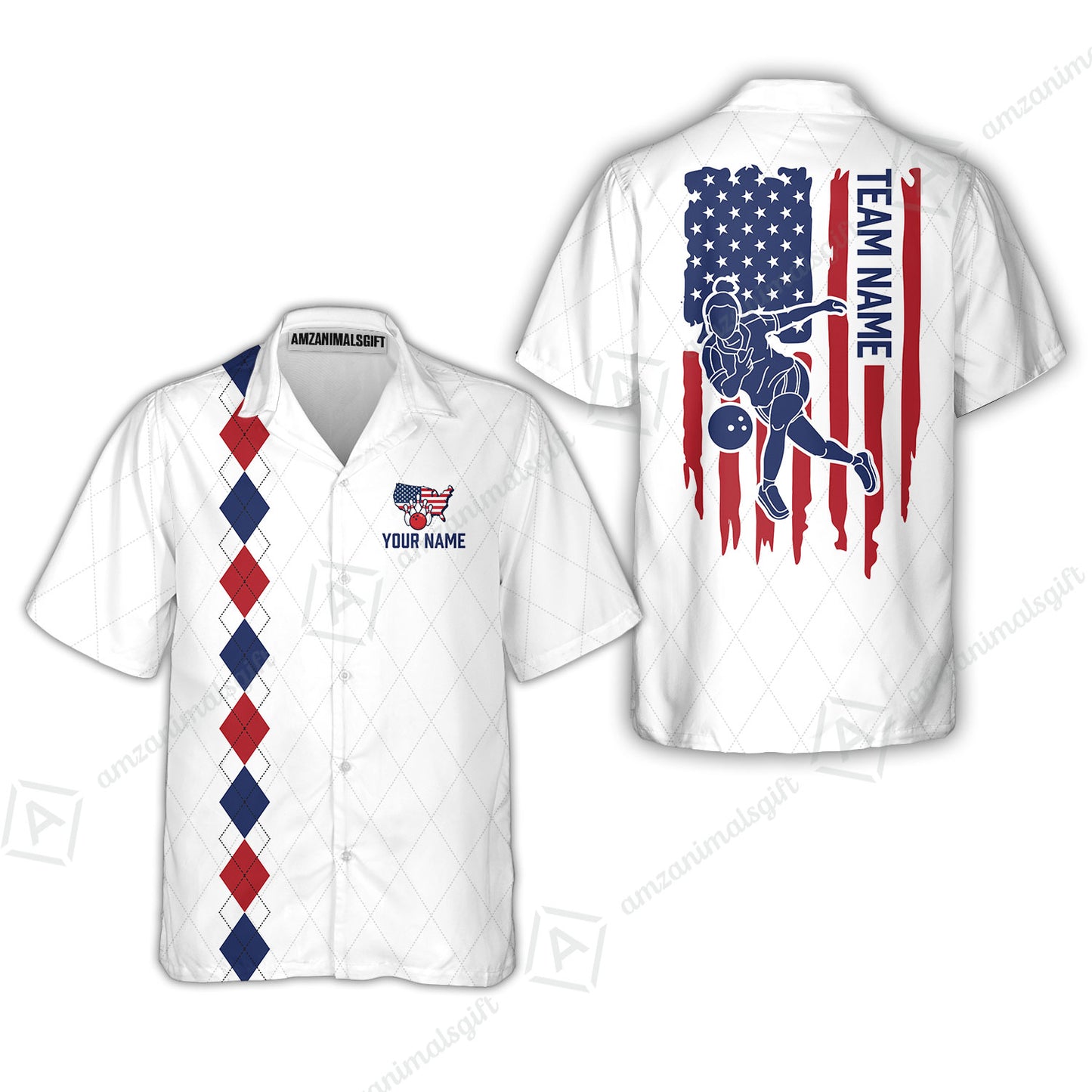 Custom Bowling Jersey Polo Shirt, Patriotic Argyle USA Flag Bowler, Custom Bowling Jersey Team Shirt For Players With Name & Team Name