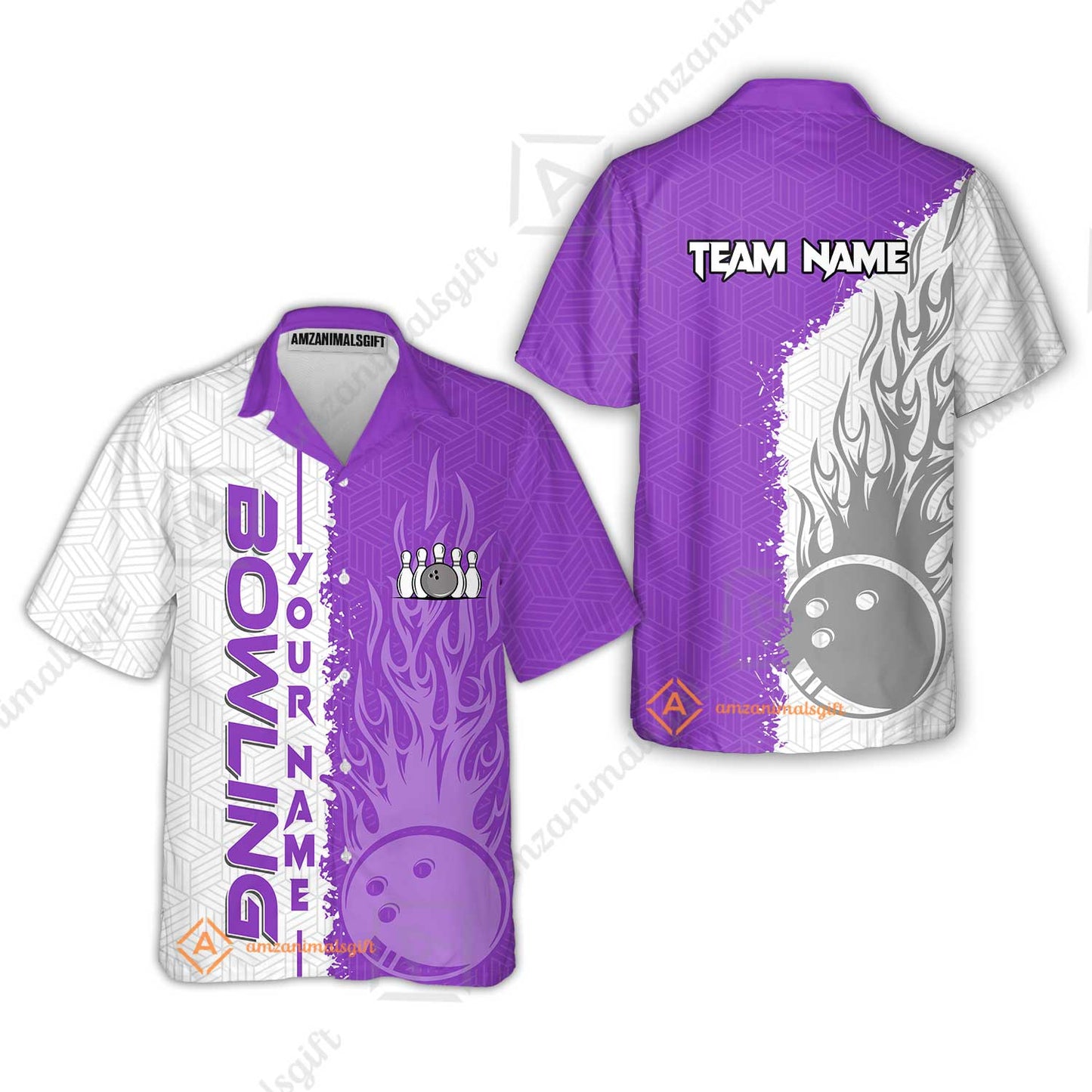 Custom White and Purple Flame Bowling Team Jersey Polo Shirts, Bowling Team Uniforms Jerseys, Personalized Name And Team Name