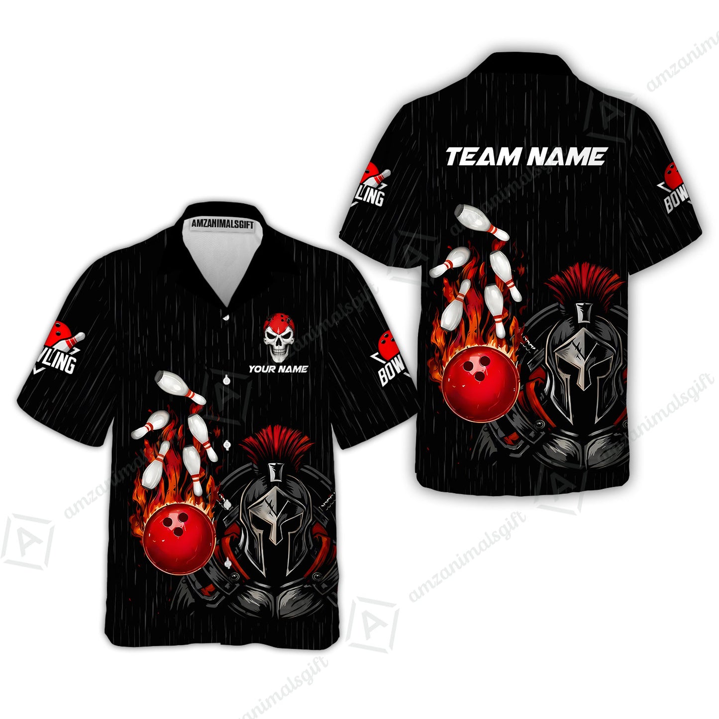 Custom Bowling Jersey Polo Shirt, Fire Bowling Knight Rain Skull Logo, Personalize Name & Team Name