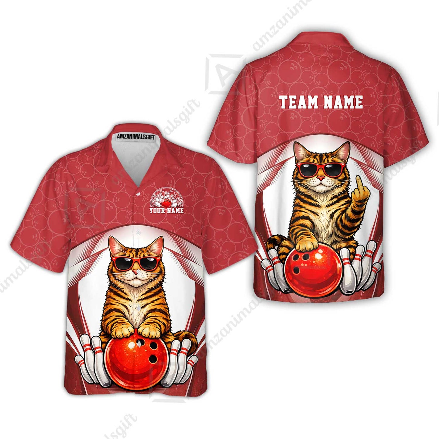 Custom Bowling Polo Shirt, Funny Cat with Sunglasses Bowling Custom Bowling Polo Team Shirt For Players With Name & Team Name
