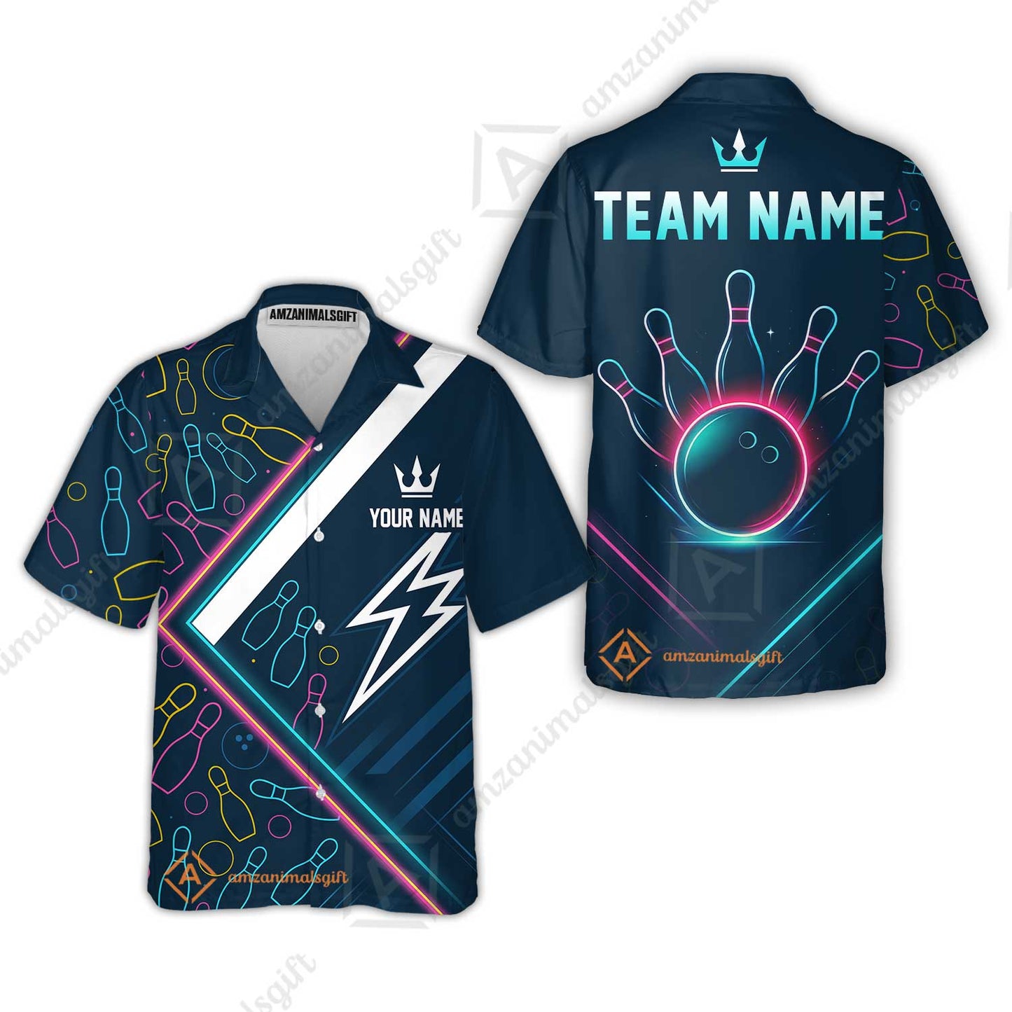 Customized Neon Glow Bowling Hawaiian Shirt, Lightning Bolt And Crown Hawaiian Shirt For Bowling Team, Bowlers