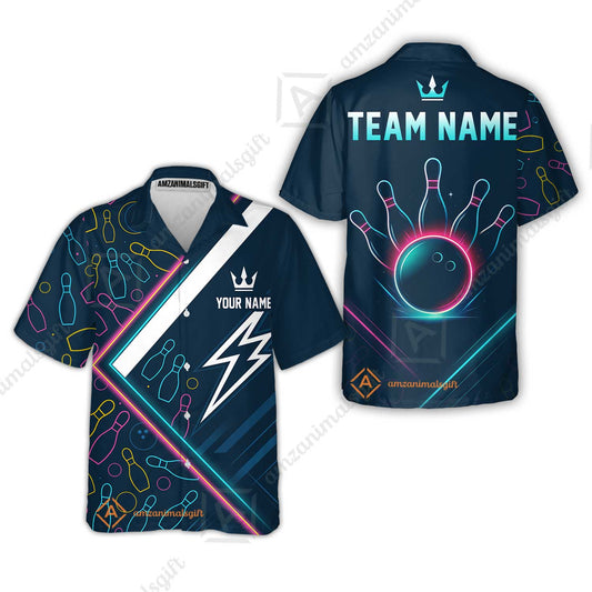 Customized Neon Glow Bowling Hawaiian Shirt, Lightning Bolt And Crown Hawaiian Shirt For Bowling Team, Bowlers