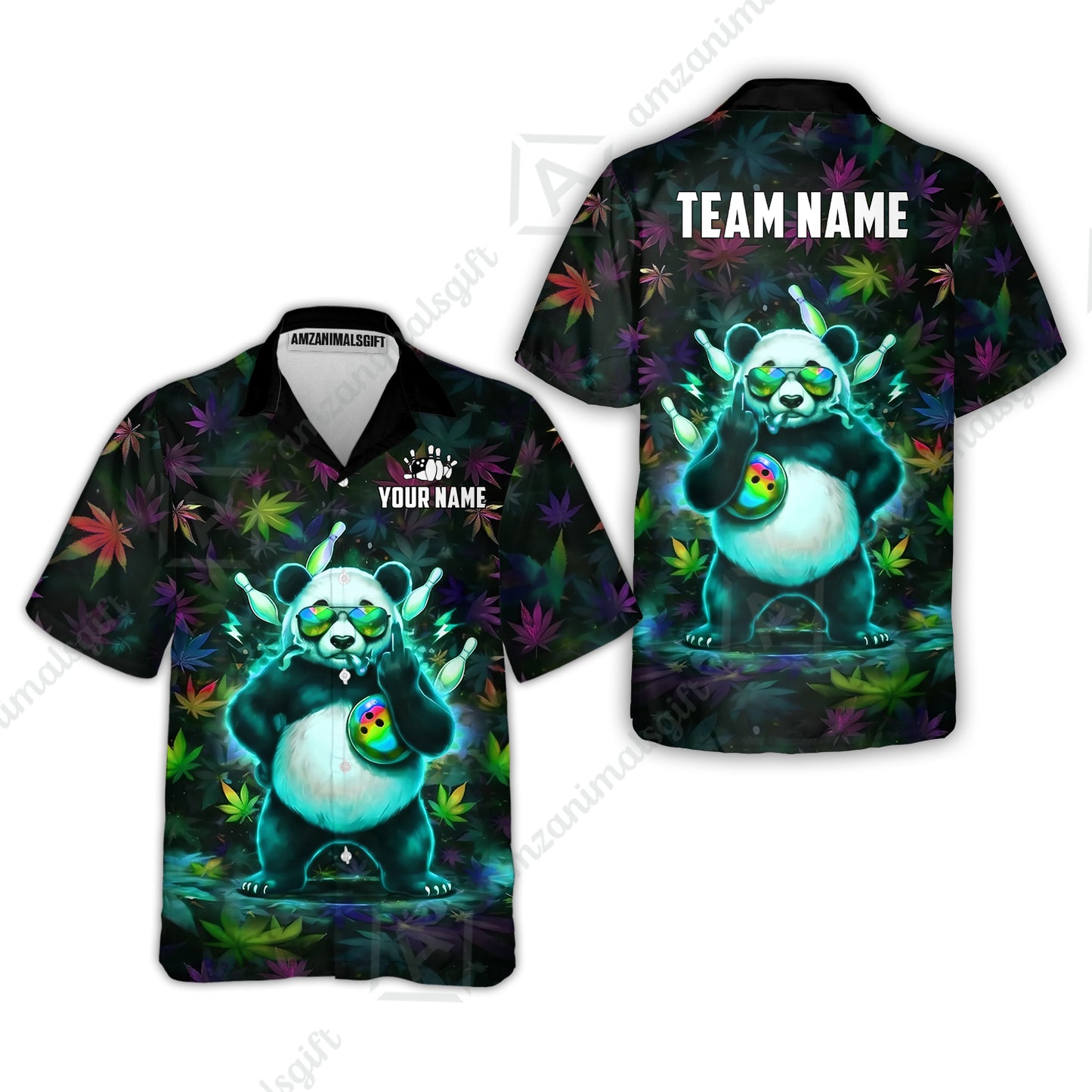 Custom Bowling Jersey Polo Shirt, Badass Stoner Panda & Psychedelic Leaves, Custom Bowling Jersey Team Shirt For Players With Name & Team Name