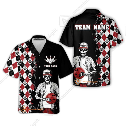 Bowling Custom Name And Team Name Hawaiian Shirt, Argyle Pattern Skull Bowling Personalized Hawaiian Shirts For Men Women, Bowling Lovers, Bowlers