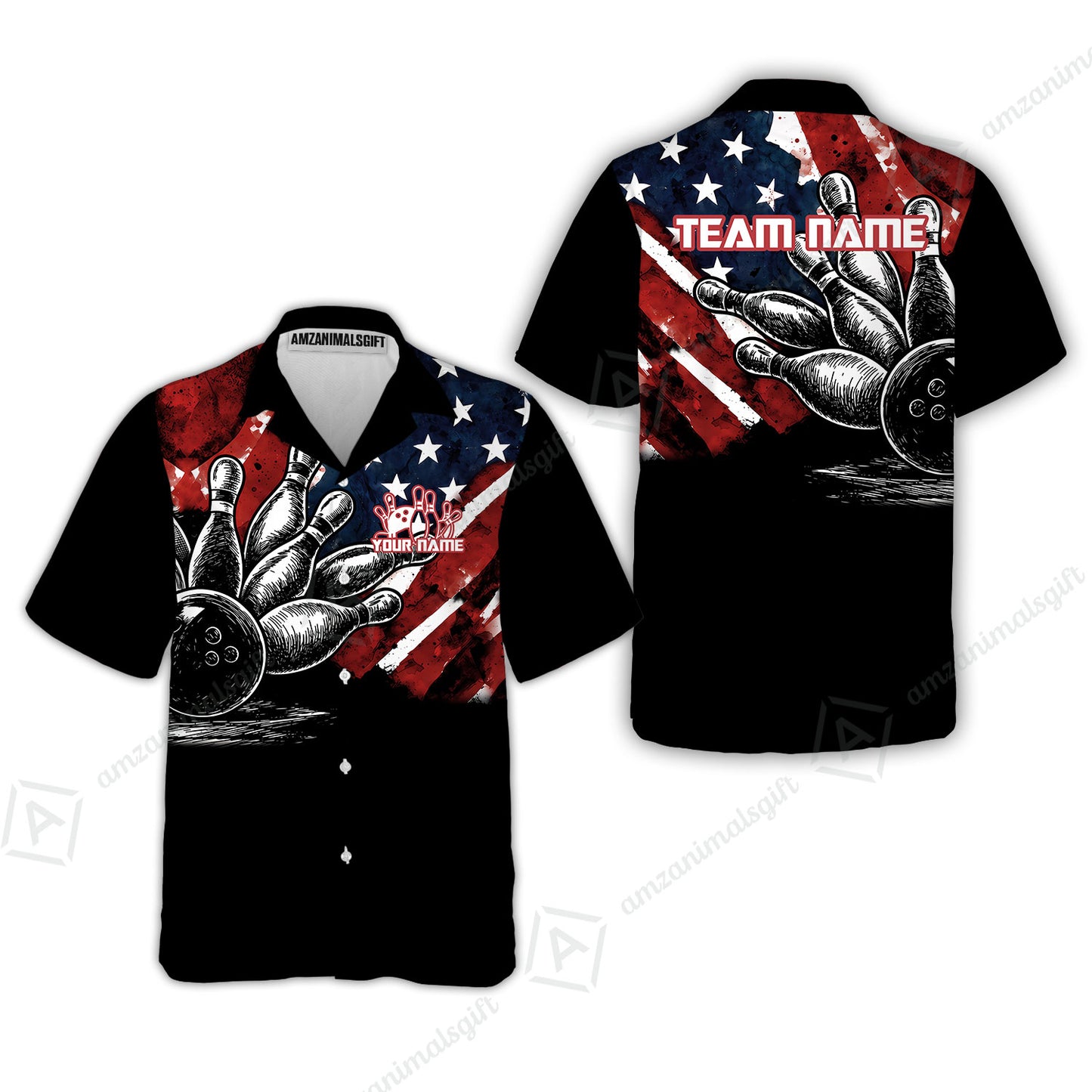 Custom Bowling Jersey Polo Shirt, American Flag and Bowling Pins Sketch, Custom Bowling Jersey Team Shirt For Players With Name and Team Name