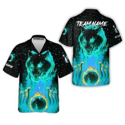 Customized Bowling Jersey, Glowing Wolf with Fiery Bowling Pins , Uniform Bowling - Personalized Name And Team Name