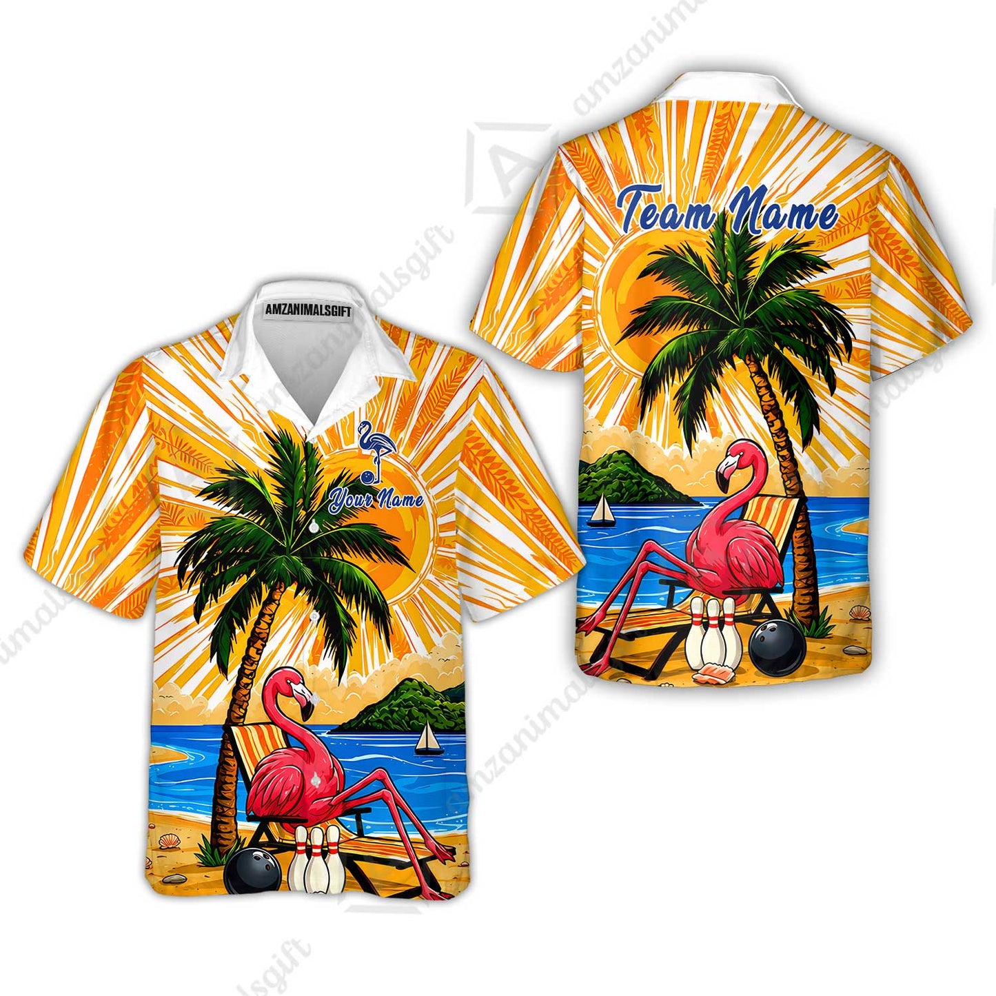 Custom Bowling Jersey Polo Shirt, Flamingo Aloha, Custom Bowling Jersey Team Shirt For Players With Name and Team Name
