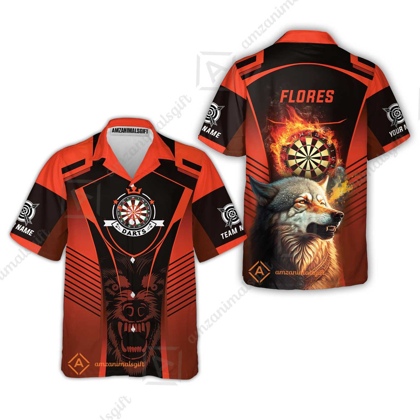 Custom Name Darts Men Polo Shirt, Orange Wolf Dartboard Personalized Polo Shirts, Gift For Men, Darts Lovers, Darts Players