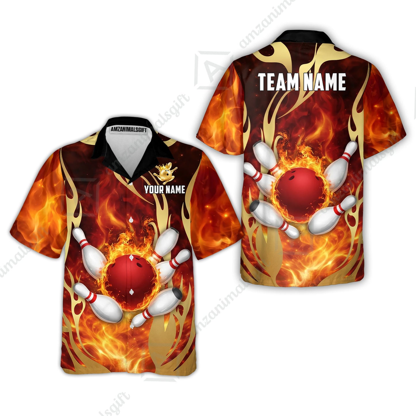 Custom Bowling Jersey Polo Shirt, Abyssal Fire & Golden Flames, Custom Bowling Jersey Team Shirt For Players With Name & Team Name