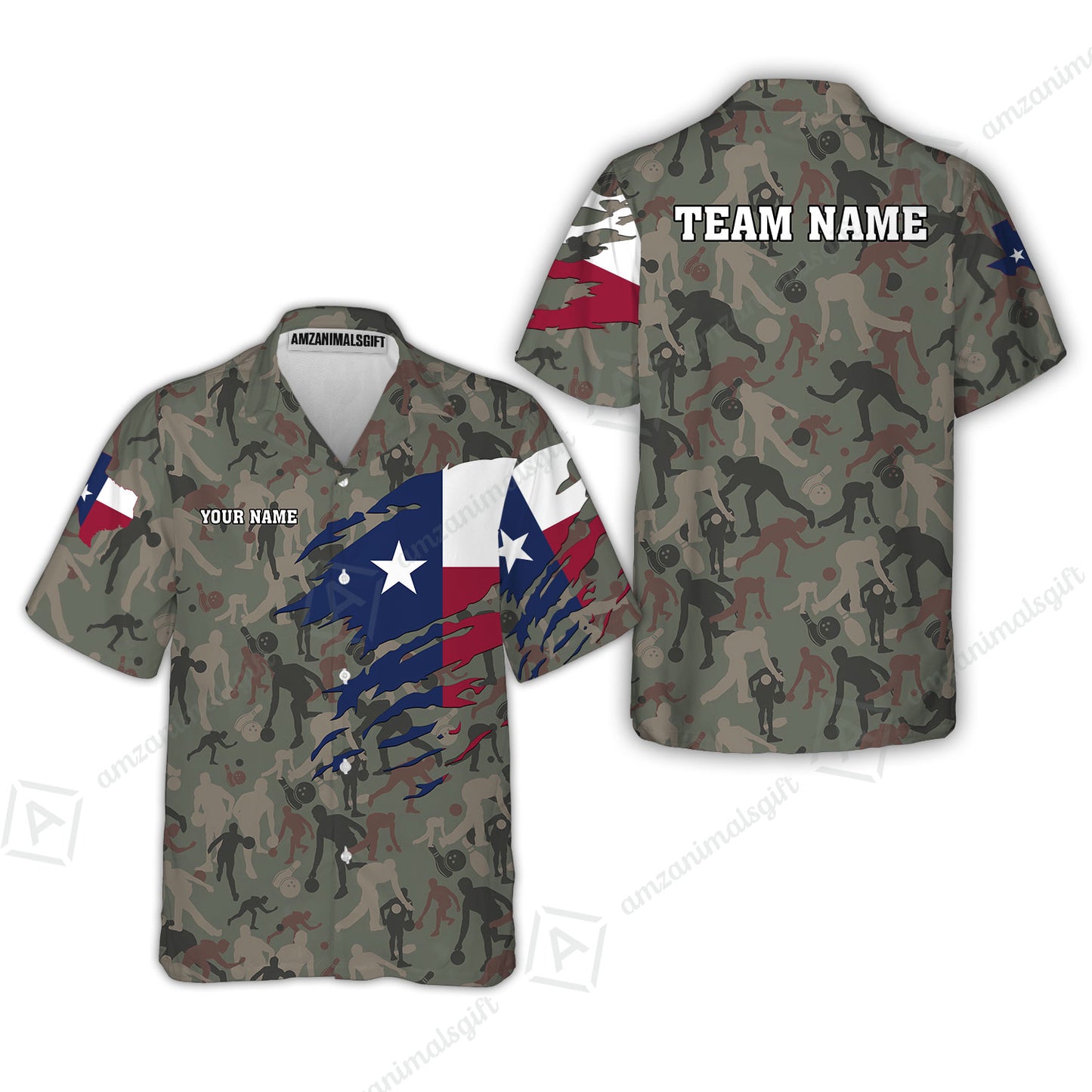 Custom Bowling Jersey Polo Shirt, Texas Flag Woodland Green Camouflage, Custom Bowling Jersey Team Shirt For Players With Name and Team Name