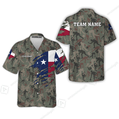 Custom Bowling Jersey Polo Shirt, Texas Flag Woodland Green Camouflage, Custom Bowling Jersey Team Shirt For Players With Name and Team Name