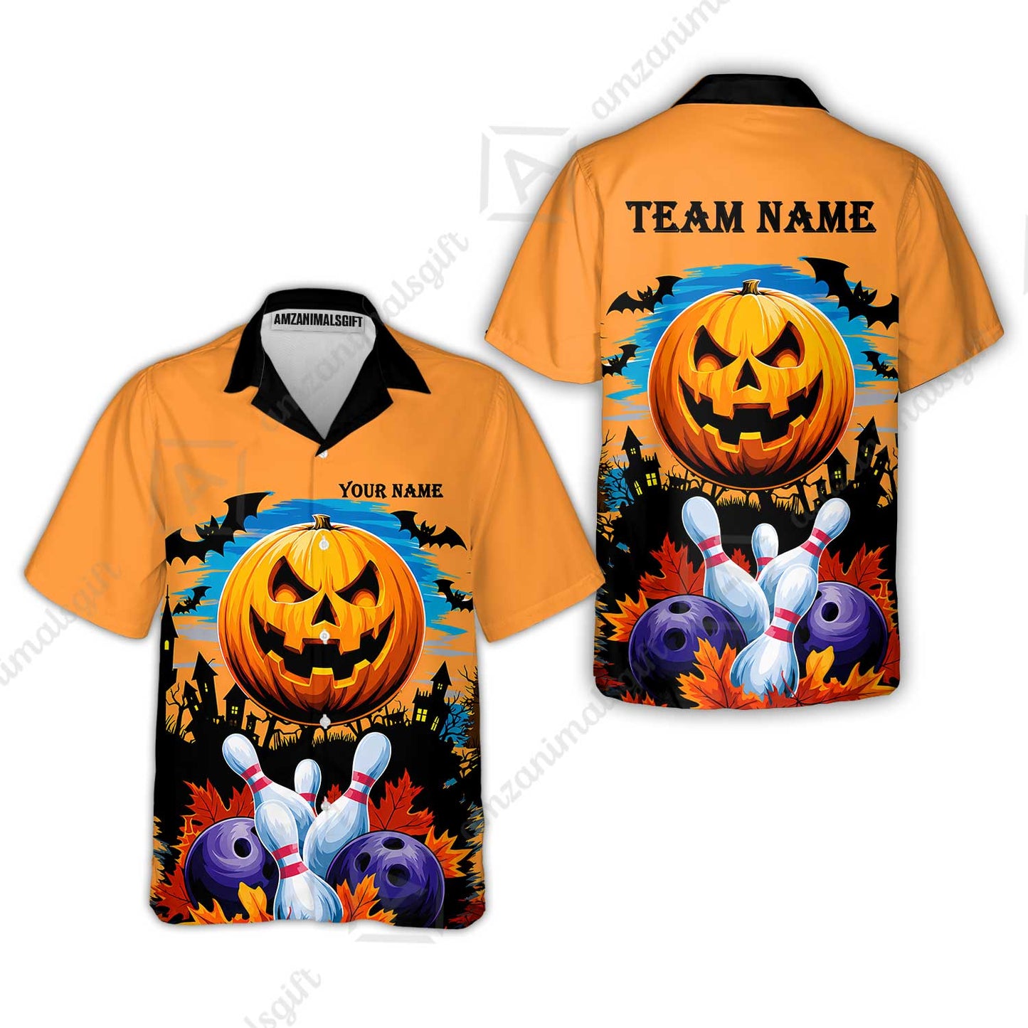 Custom Bowling Jersey Polo Shirt, Halloween Pumpkin Bowling, Personalize Name and Team Name