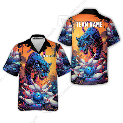 Custom Bowling Jersey Polo Shirt, Psychedelic Neon Jungle Jaguar, Custom Bowling Jersey Team Shirt For Players With Name and Team Name