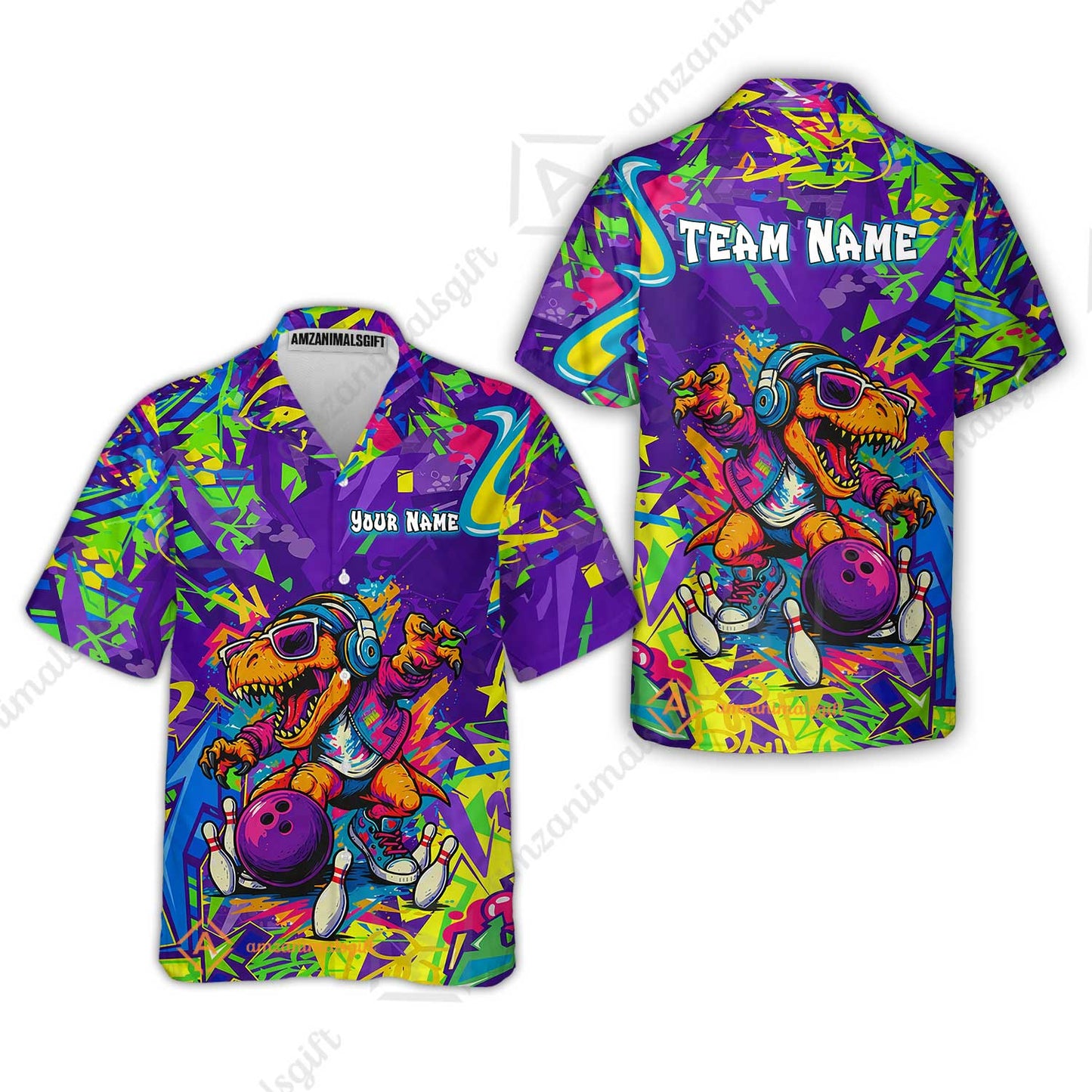 Custom Bowling Jersey Polo Shirt, Vibrant Neon Graffiti DJ T-Rex, Custom Bowling Jersey Team Shirt For Players With Name and Team Name