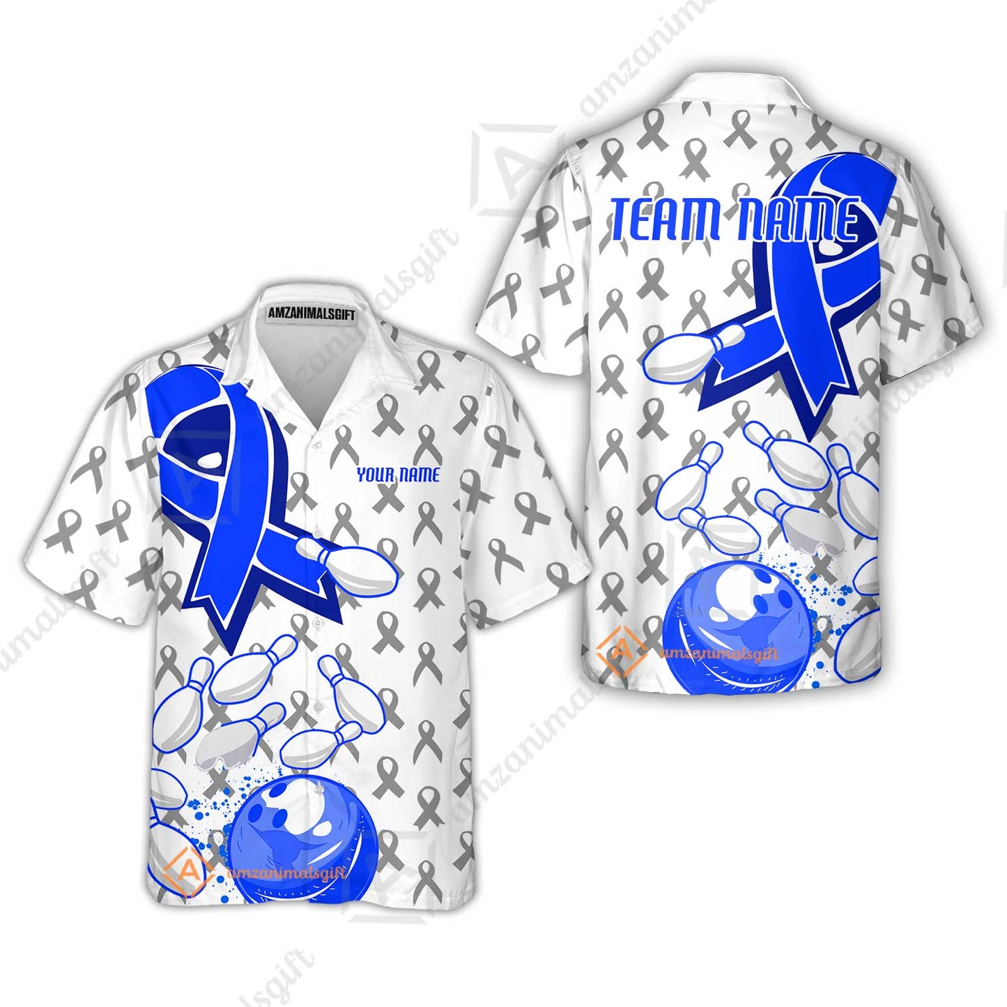 Custom Bowling Team Uniform Shirts, Blue Ribbon & Bowling Pins Strike Graphic Shirt, Personalized Team & Player Jersey