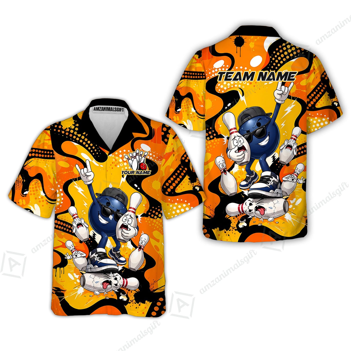 Custom Bowling Jersey Polo Shirt, Bowling Comic Book Art Orange Dot Flat Design, Personalize Name and Team Name