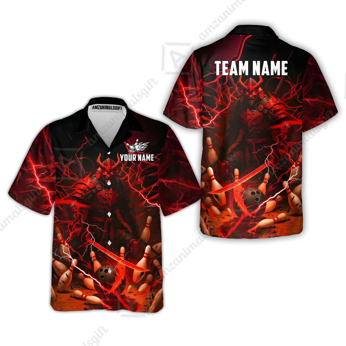 Custom Bowling Jersey Polo Shirt, Fiery Samurai Strike, Custom Bowling Jersey Team Shirt For Players With Name & Team Name
