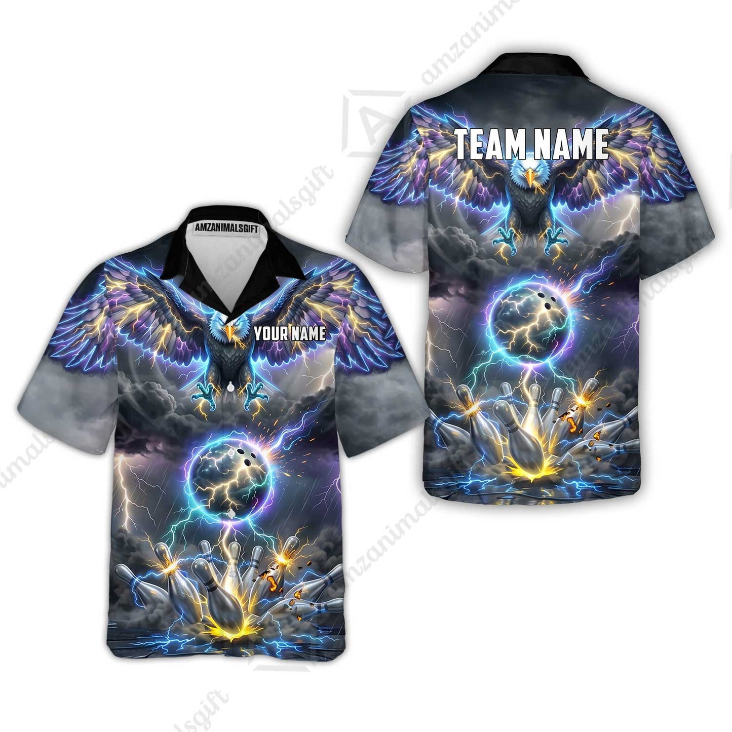 Custom Bowling Jersey Polo Shirt, Majestic Electric Lightning Eagle, Custom Bowling Jersey Team Shirt For Players With Name and Team Name