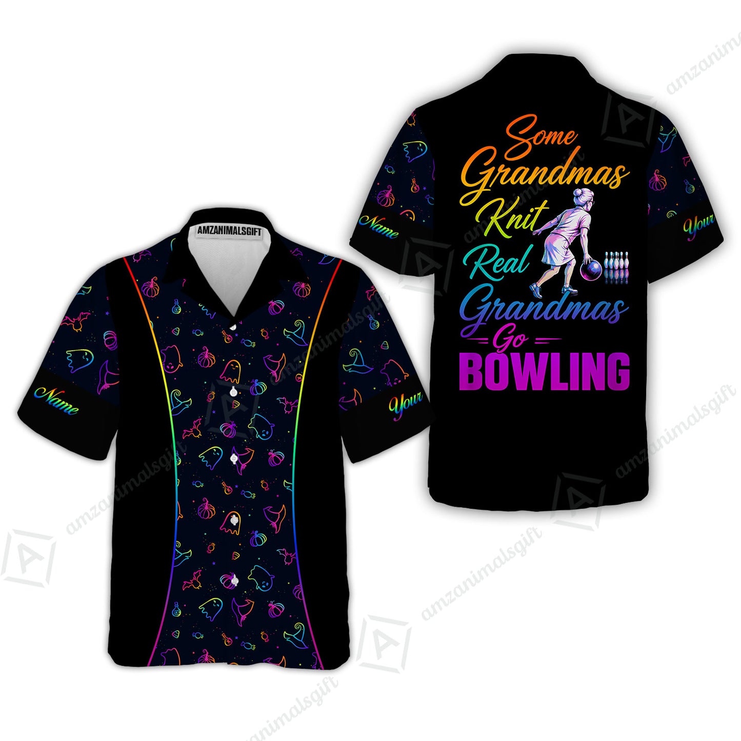 Custom Bowling Jersey Polo Shirt, Some Grandmas Bowl Real Grandmas Play Bowling Halloween Rainbow Pattern, Personalized Name And Team Name