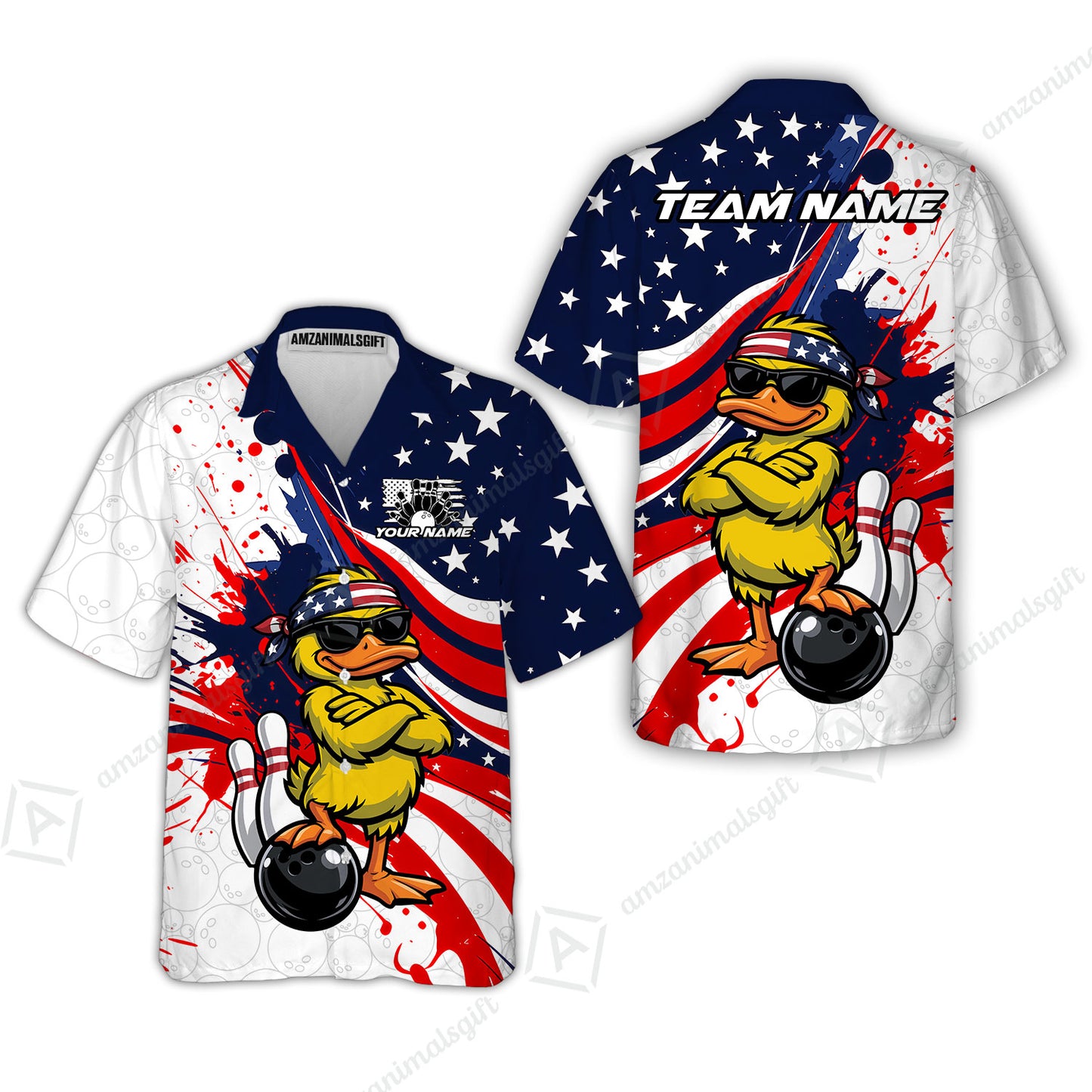 Custom Bowling Jersey Polo Shirt, Patriotic Cool Duckling Mascot, Custom Bowling Jersey Team Shirt For Players With Name and Team Name