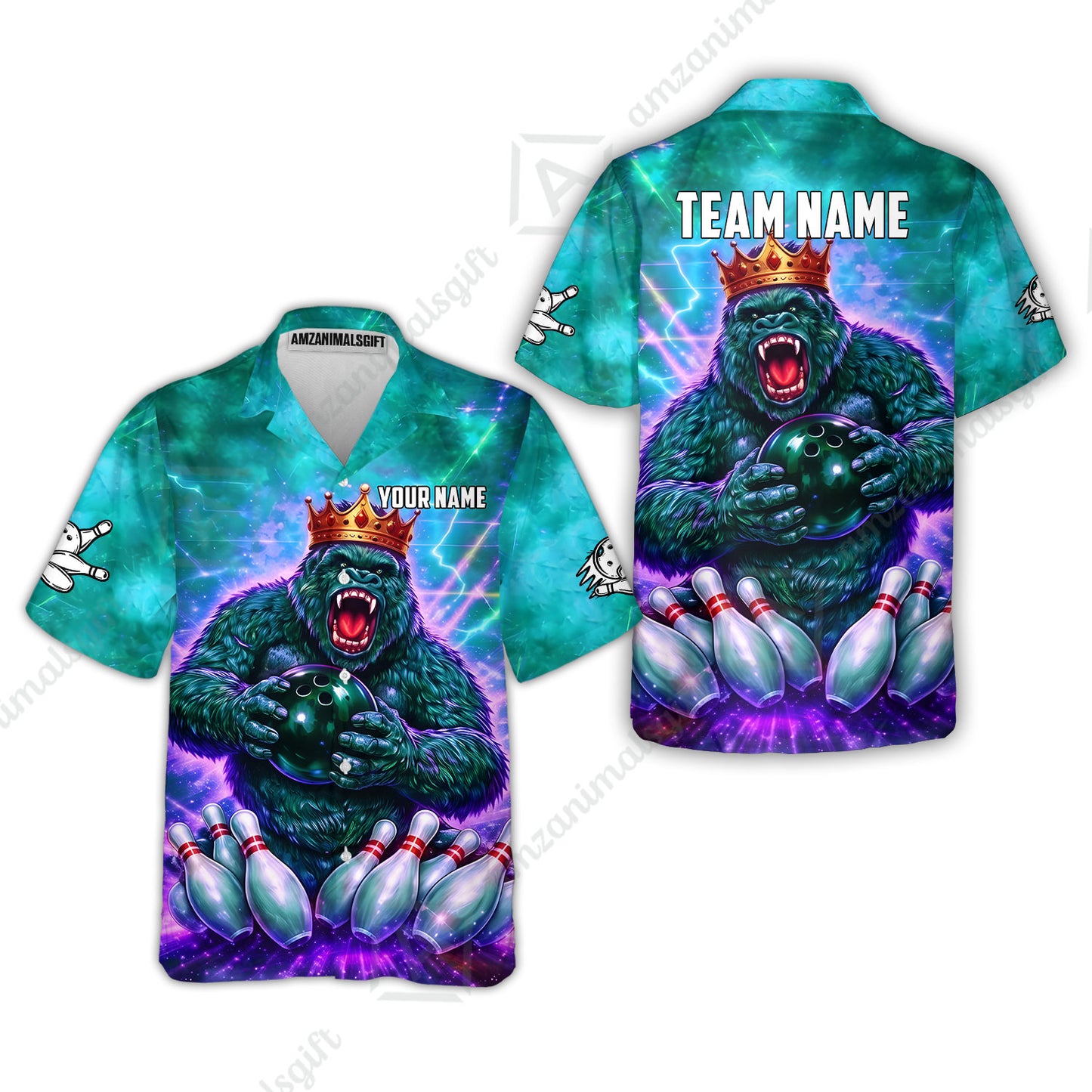 Custom Bowling Jersey Polo Shirt, King Gorilla Holding Bowling Ball, Custom Bowling Jersey Team Shirt For Players With Name & Team Name