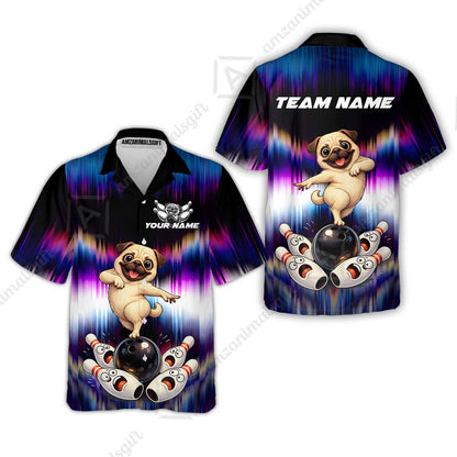 Custom Bowling Jersey Polo Shirt, Neon Cosmic Pug Bowling Custom Bowling Jersey Team Shirt For Players With Name & Team Name