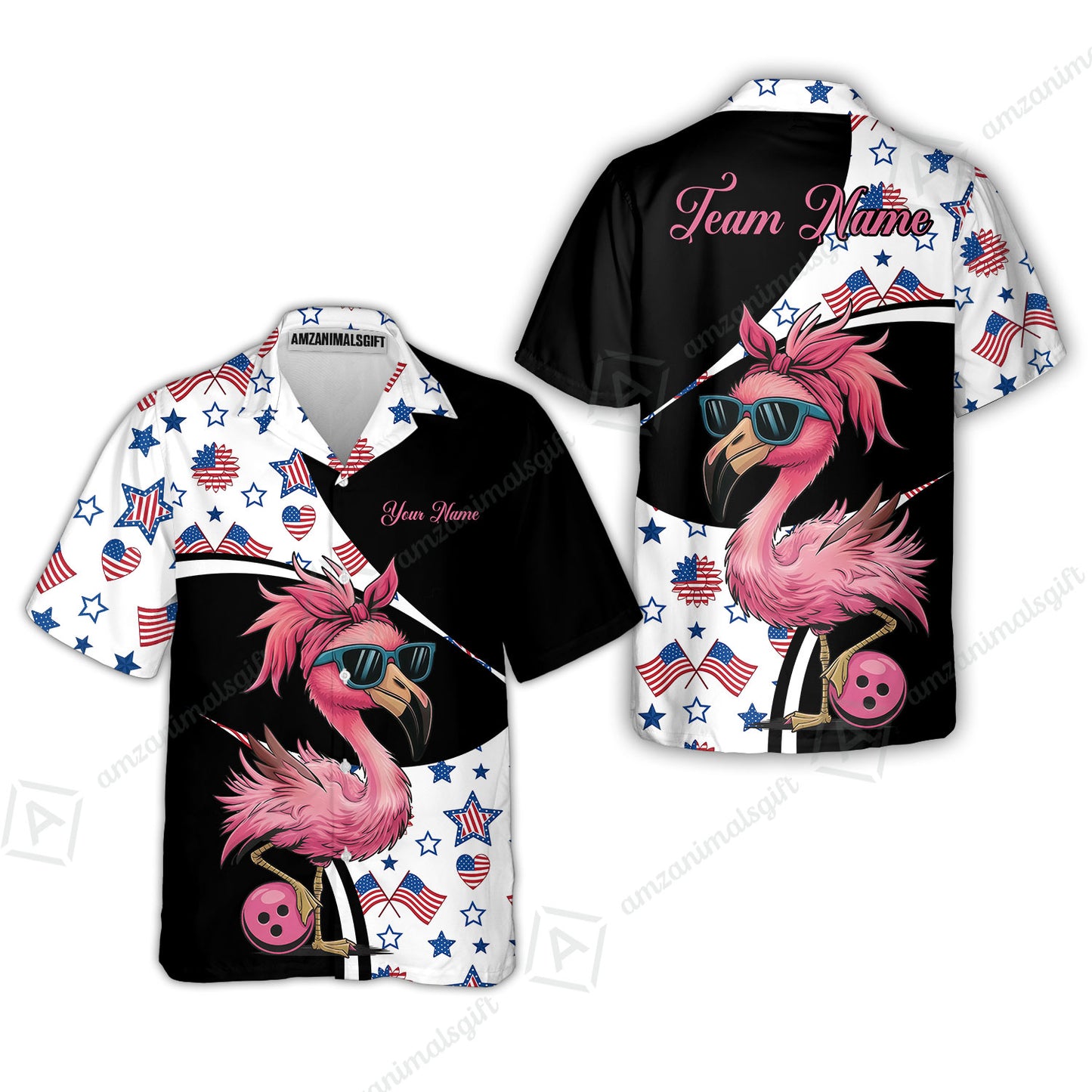 Custom Flamingo America Flag Bowling Jersey Polo Shirt, Custom Flamingo America Flag Bowling Jersey Team Shirt For Players With Name & Team Name