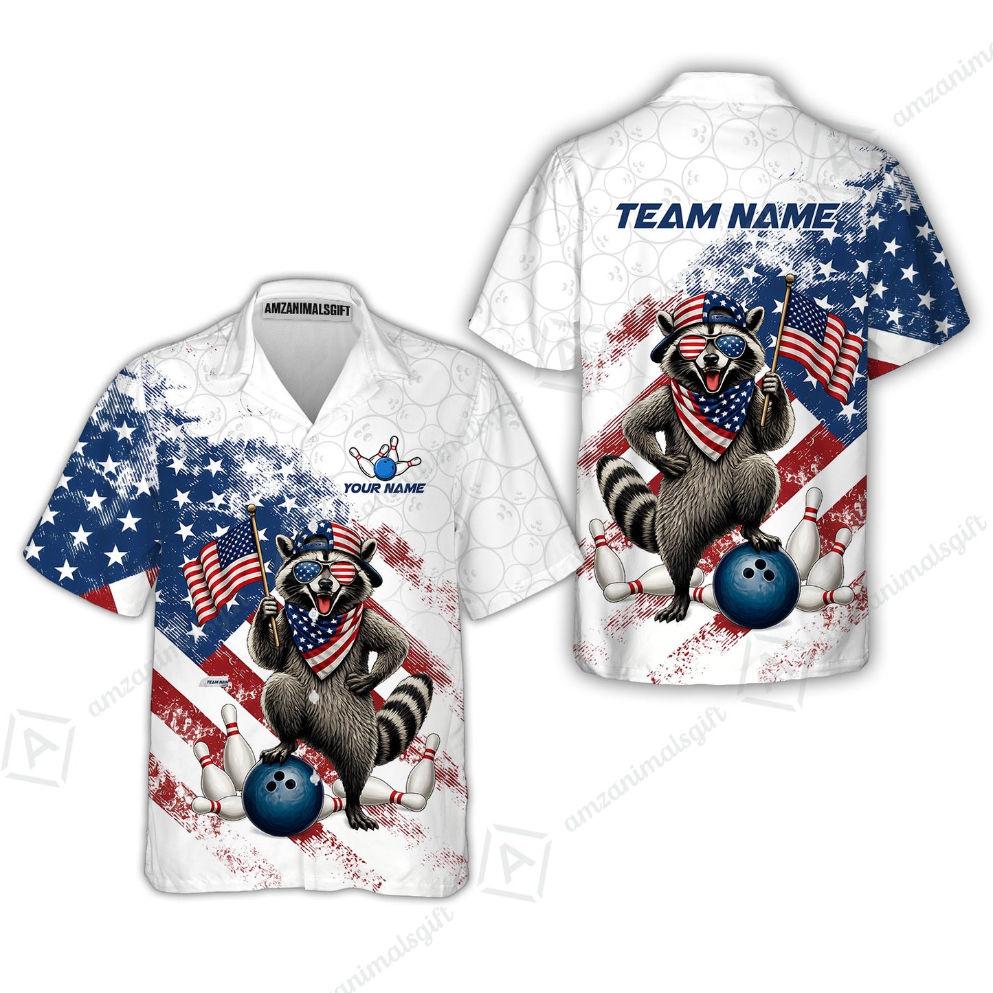 Custom Bowling Jersey Polo Shirt, Racoon America Flag Bowling Pattern, Personalize Name and Team Name