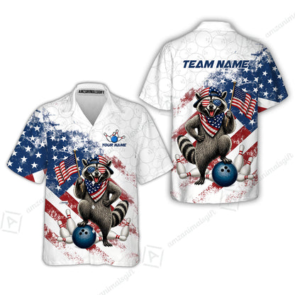 Custom Bowling Jersey Polo Shirt, Racoon America Flag Bowling Pattern, Personalize Name and Team Name