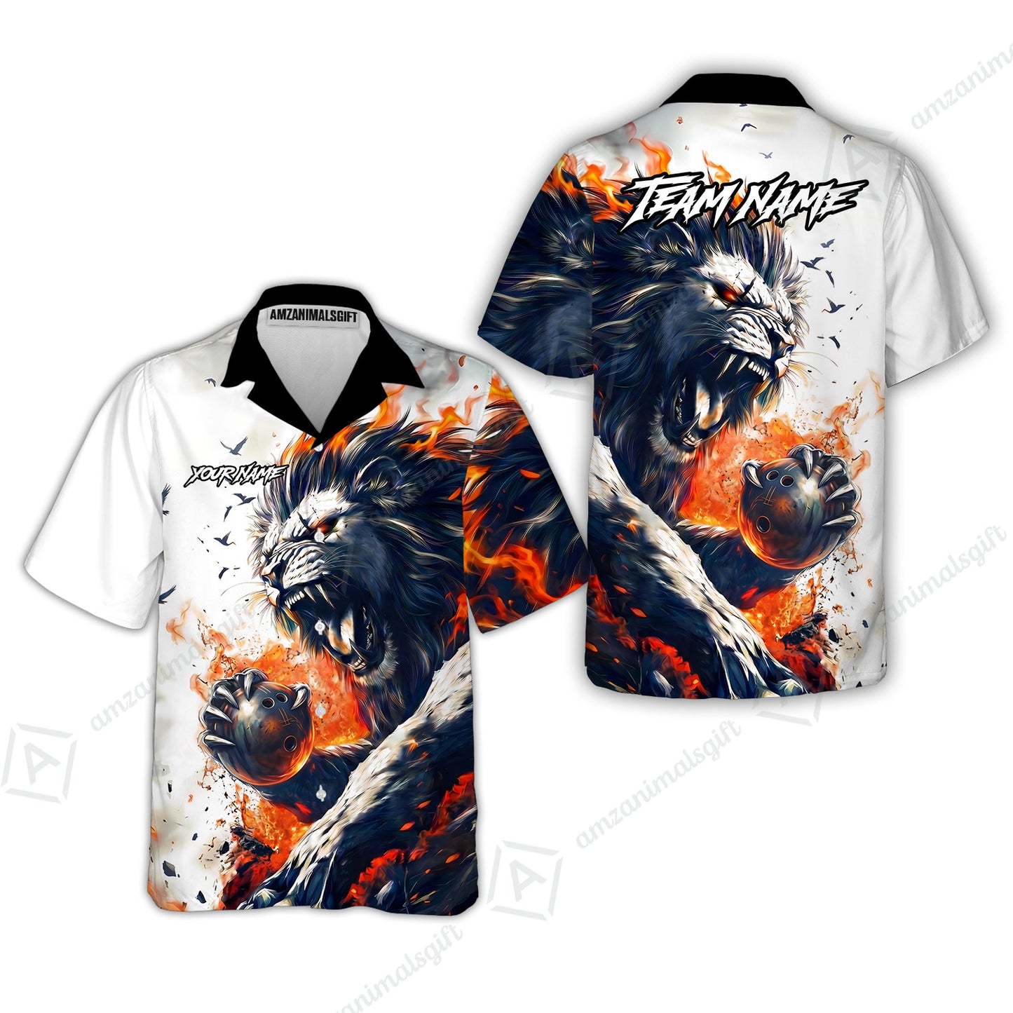 Custom Bowling Jersey Polo Shirt, Lion Fire Lava, Personalized Name And Team Name