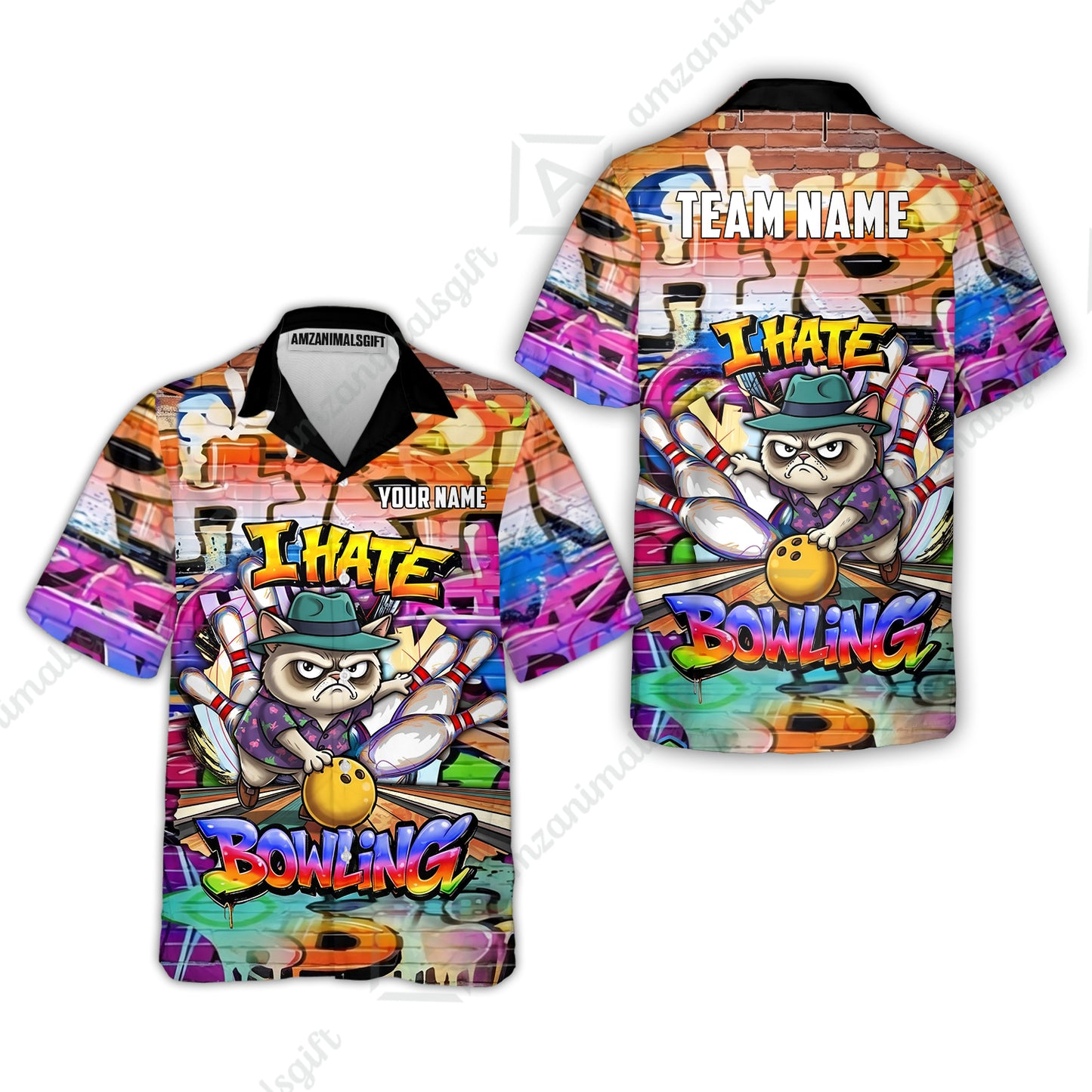 Custom Bowling Jersey Polo Shirt, Sarcastic Grumpy Cat Graffiti, Custom Bowling Jersey Team Shirt For Players With Name and Team Name
