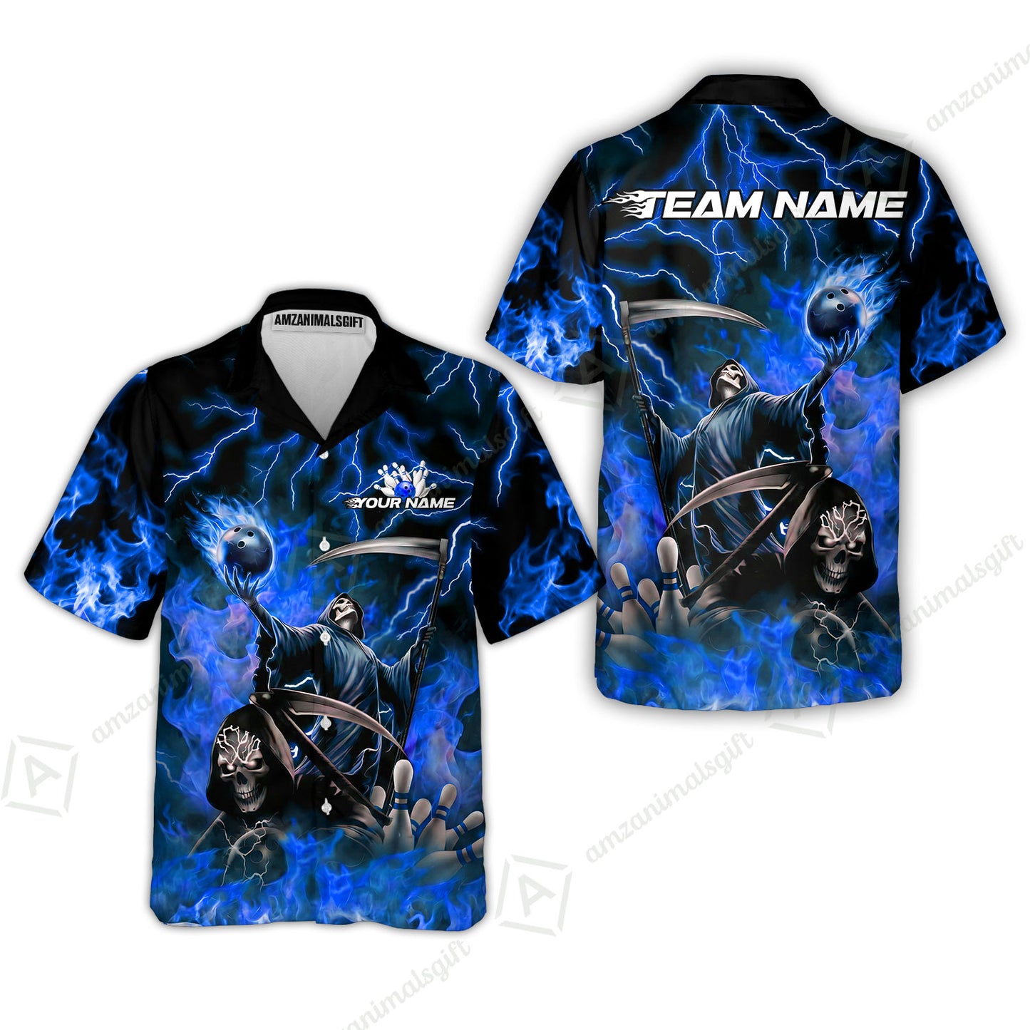 Custom Bowling Team Quarter-Zip Polo Shirt, Grim Reaper Skull With Flame Bowling Lightning Design for Bowlers, Personalized Shirt with Name and Team Name