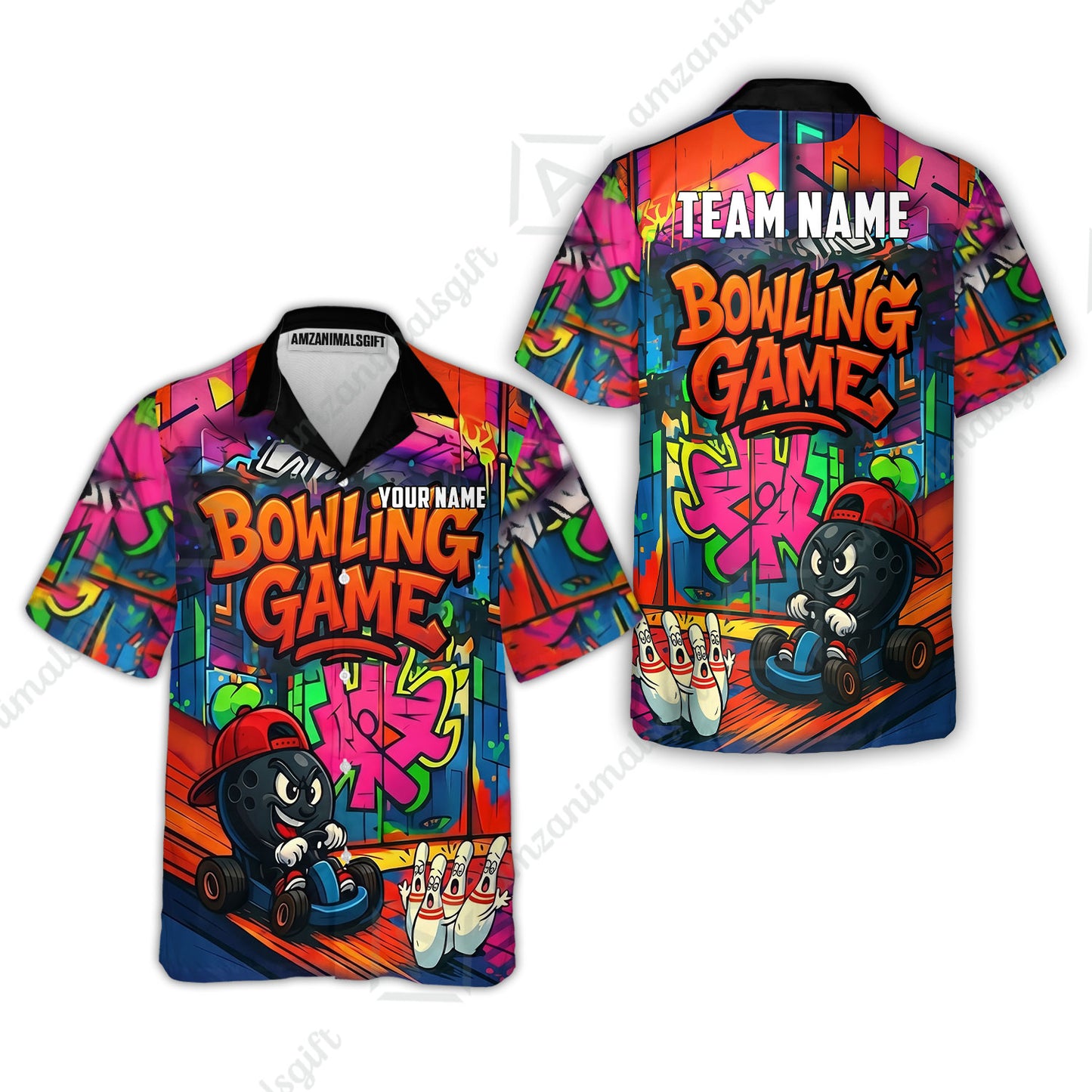 Custom Bowling Jersey Polo Shirt, Street Graffiti Go Kart Ball, Custom Bowling Jersey Team Shirt For Players With Name and Team Name