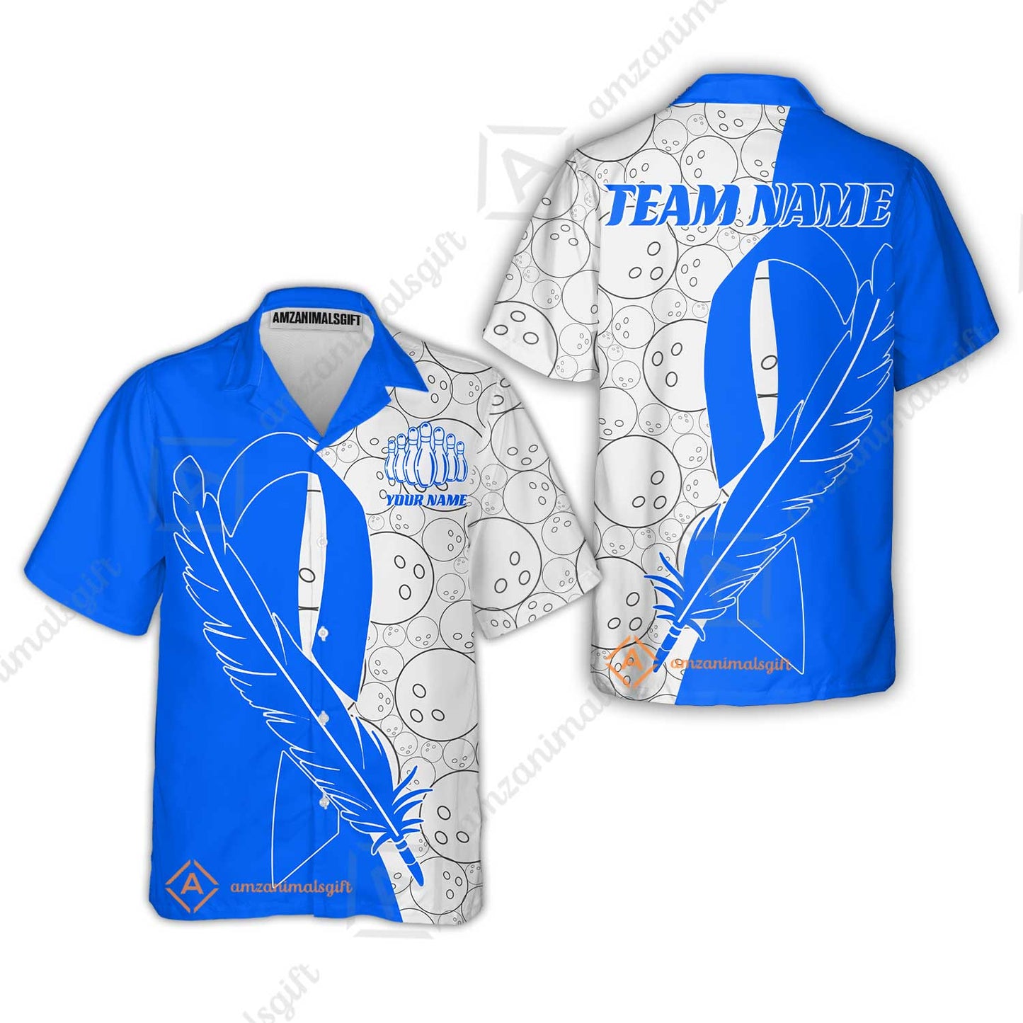 Customized Bowling Team Uniform Shirts, Blue Ribbon Feather Combined With Bowling Pattern Personalized Team & Player Jersey
