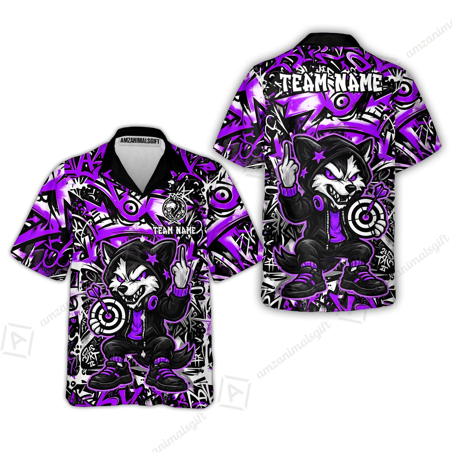 Customized Darts Team Uniform Shirt, Cool Cartoon Wolf With Dartboard, Personalized Name And Team Name