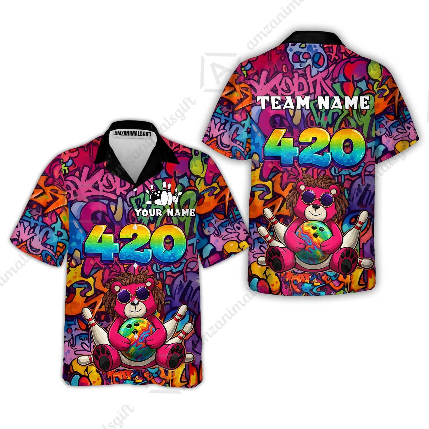 Custom Bowling Jersey Polo Shirt, 420 Graffiti Stoner Bear Colorful Street Art, Custom Bowling Jersey Team Shirt For Players With Name & Team Name