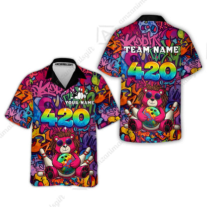 Custom Bowling Jersey Polo Shirt, 420 Graffiti Stoner Bear Colorful Street Art, Custom Bowling Jersey Team Shirt For Players With Name & Team Name