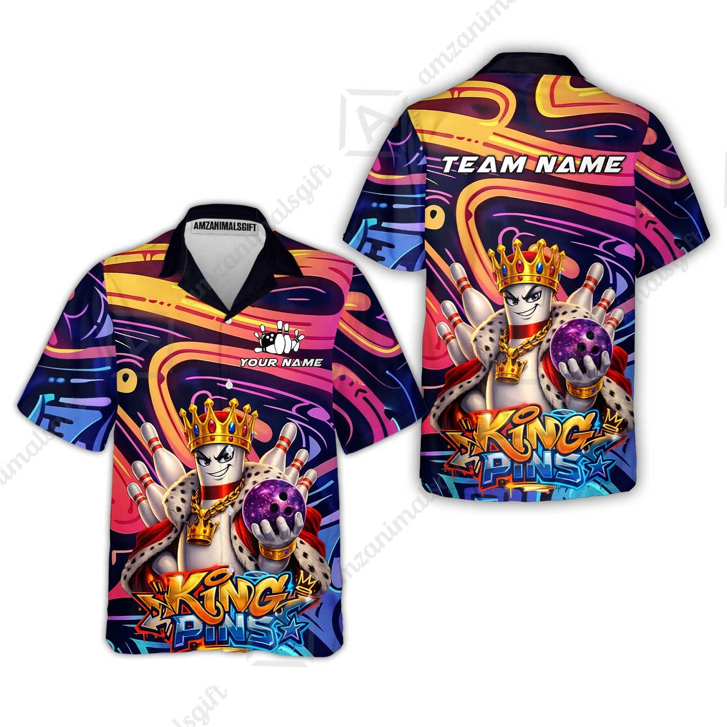 Custom Bowling Jersey Polo Shirt, Psychedelic Graffiti King Pins Mascot, Custom Bowling Jersey Team Shirt For Players With Name and Team Name