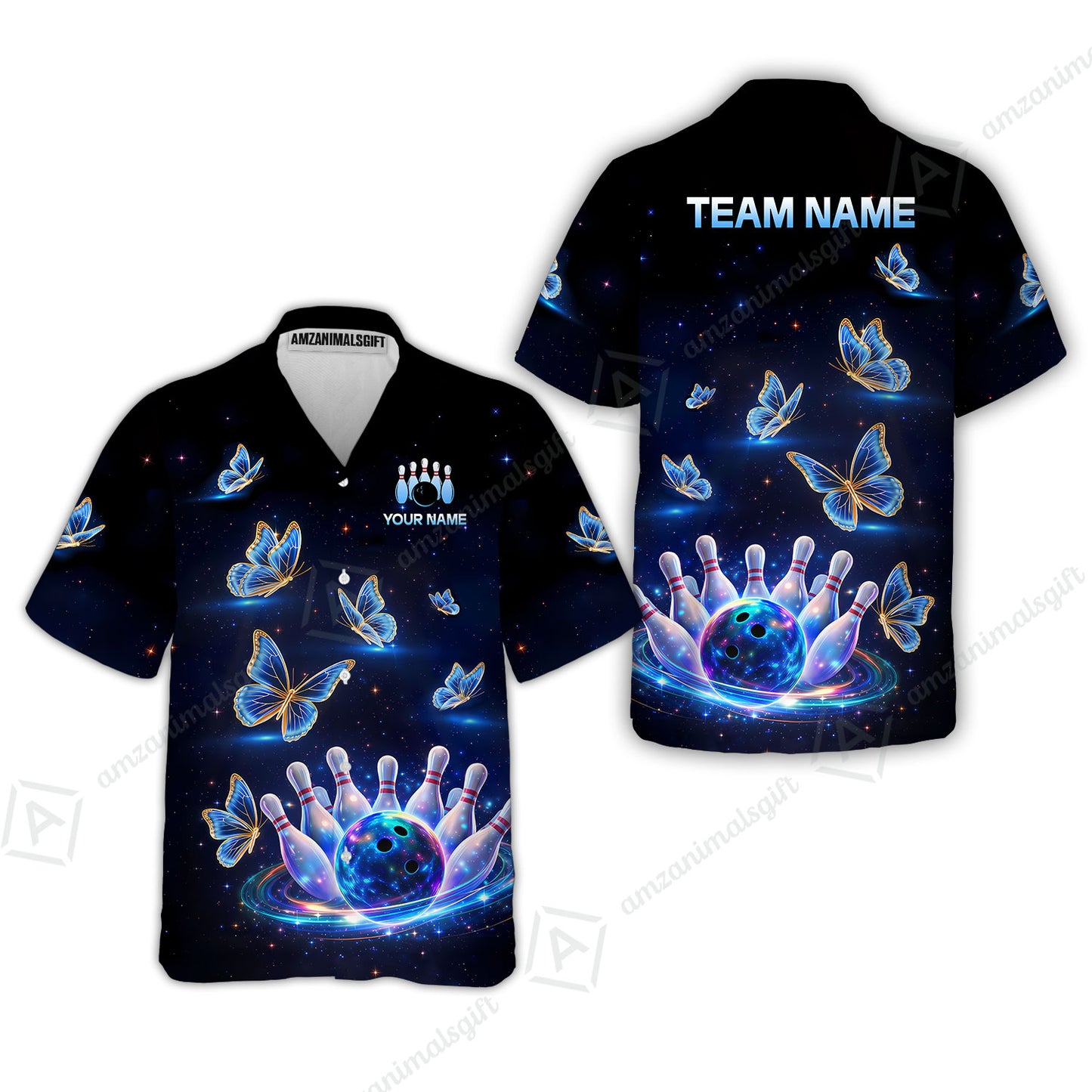 Custom Bowling Jersey Polo Shirt, Bowling Butterfly Galaxy Neon Light, Personalized Name And Team Name