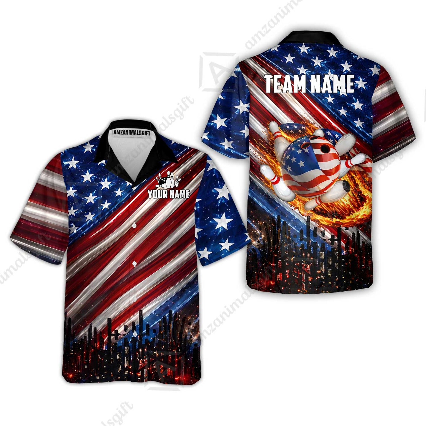 Customized American Flag Flaming Ball Bowling Jersey, Custom Name And Team Name For Bowlers