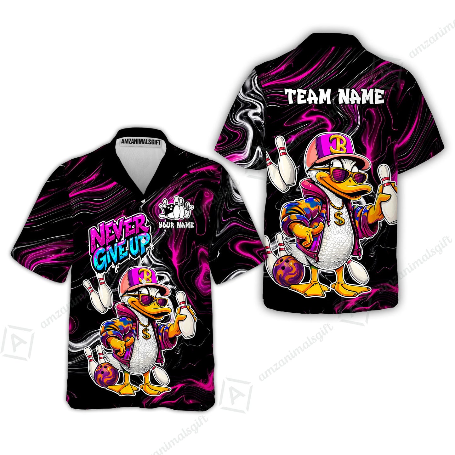 Custom Bowling Jersey Polo Shirt, Duck Never Give Up, Custom Bowling Jersey Team Shirt For Players With Name & Team Name