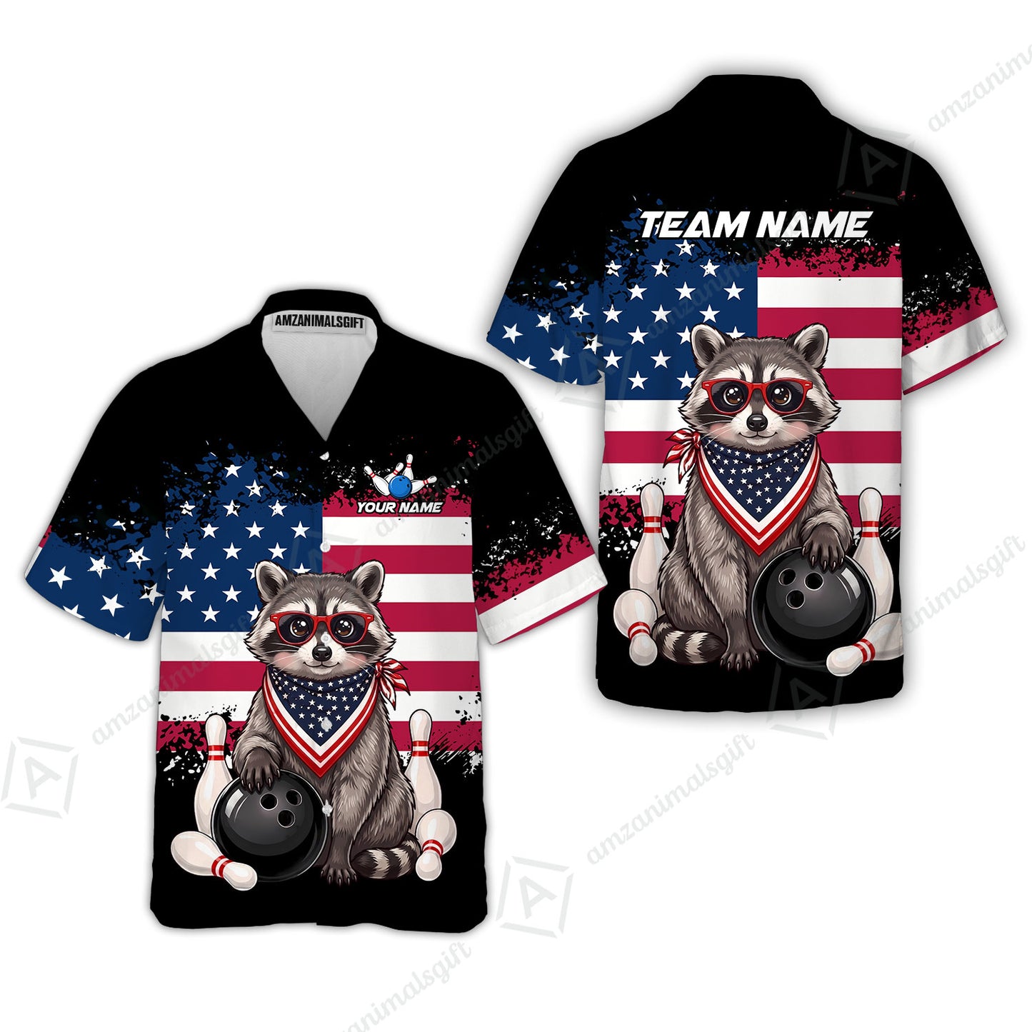 Custom Bowling Jersey Polo Shirt, Animal With Glasses And Bandana America Flag, Personalize Name & Team Name