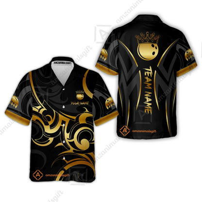 Customized Bowling Team Hawaiian Shirt, Bowling Swirling Fire Flames Gold And Black Style Polo Shirt For Bowlers