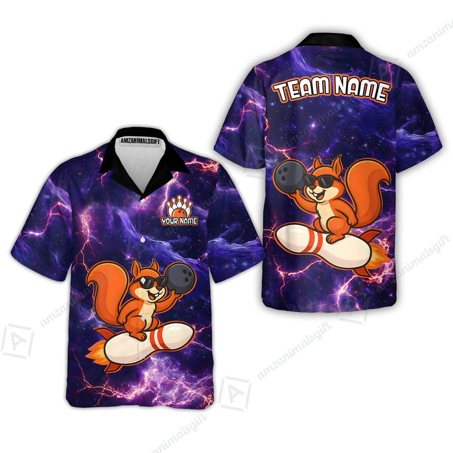 Funny Bowling Custom Polo T-Shirt - Fun Cartoon Purple Galaxy With Lightning Squirrel Wearing Sunglasses, Personalized Bowling Jersey Polo Shirts