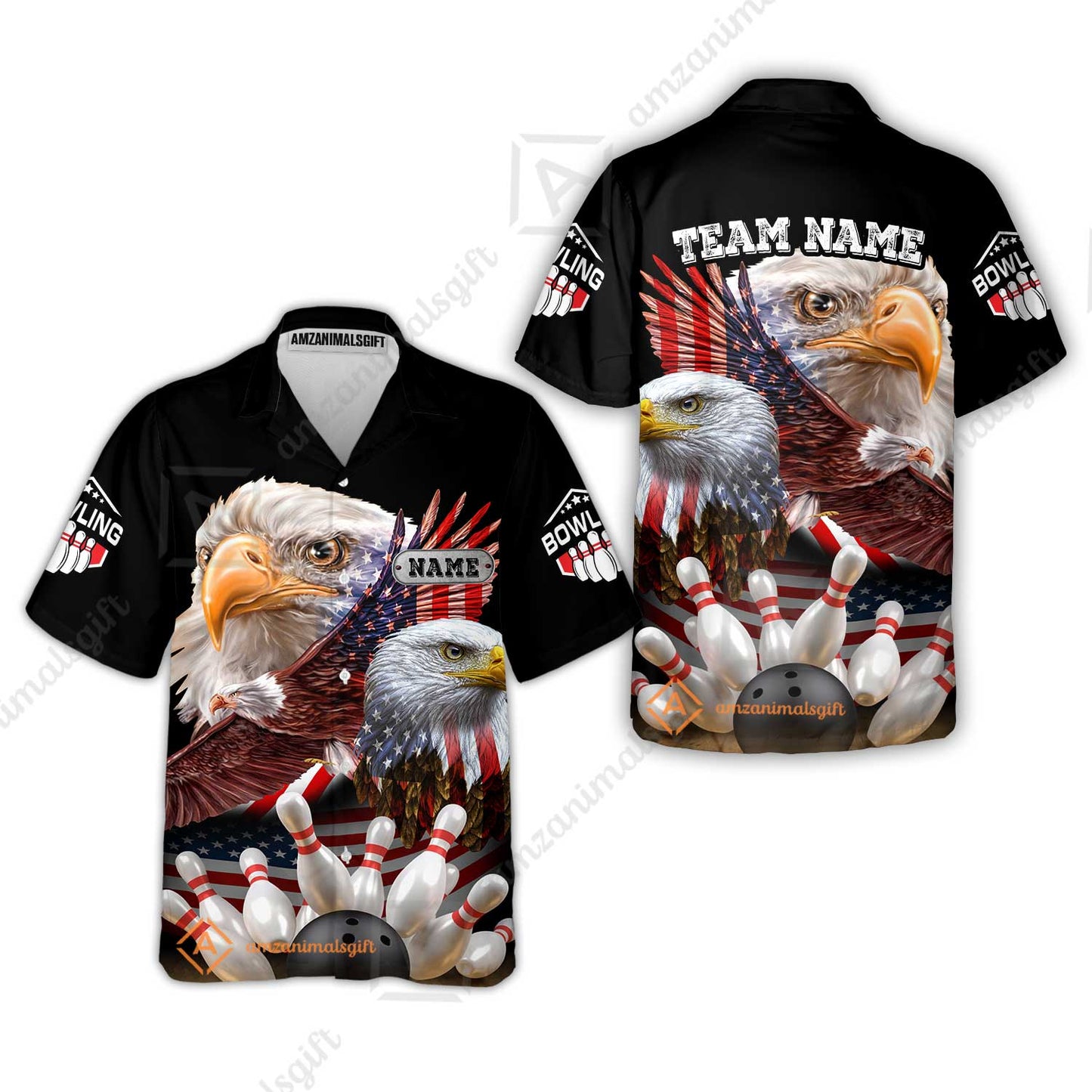 Customized Bowling Polo, Bowling And Pins American Eagles Pride Customized Name And Team Name And Team Zipper Polo Jerseys Shirts