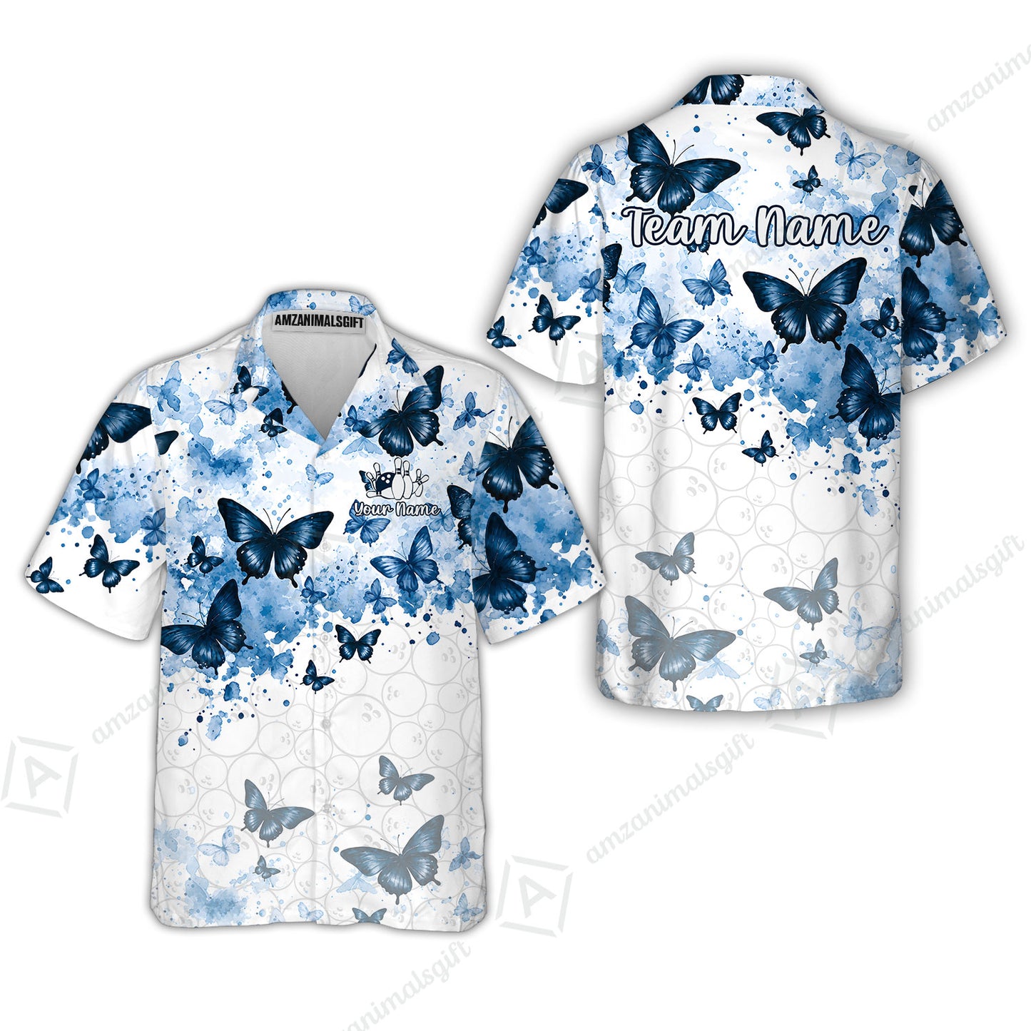 Custom Bowling Jersey Polo Shirt, Blue Watercolor Butterfly Bloom, Custom Bowling Jersey Team Shirt For Players With Name and Team Name
