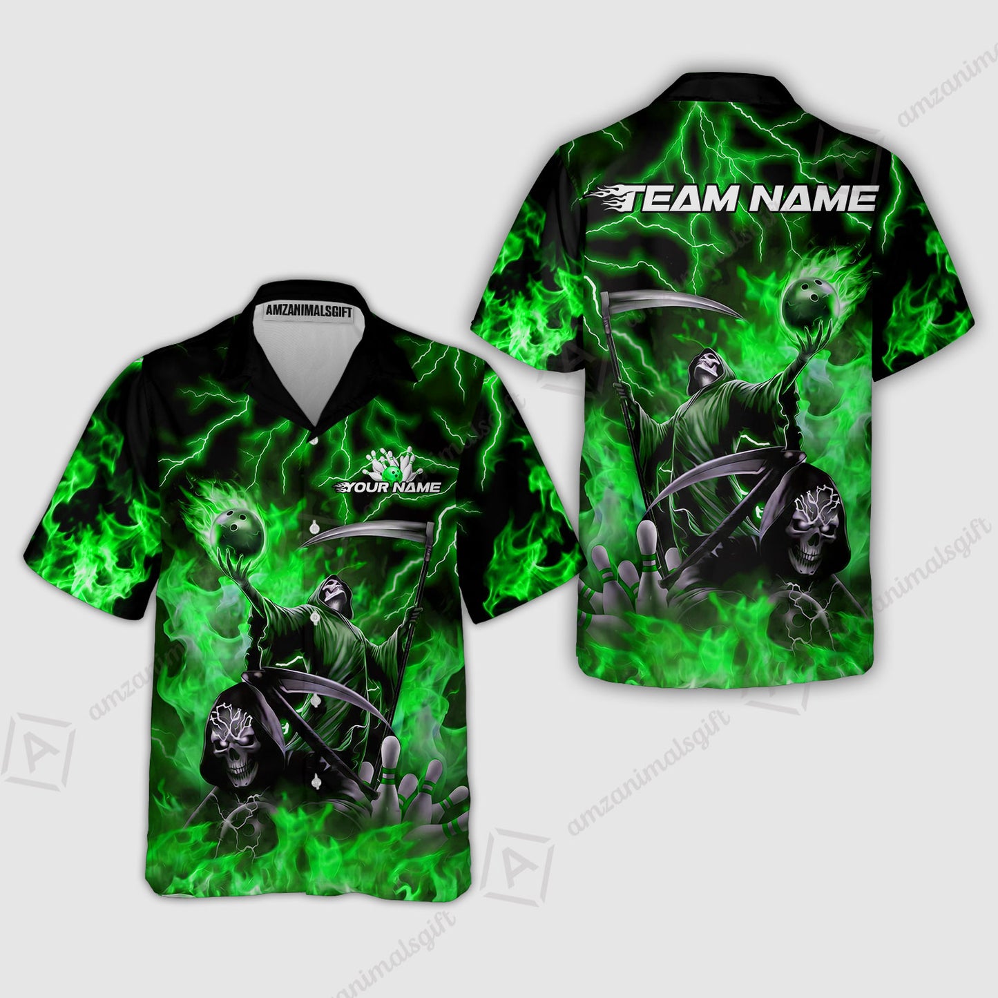 Custom Bowling Team Quarter-Zip Polo Shirt, Grim Reaper Skull With Flame Bowling Lightning Design for Bowlers, Personalized Shirt with Name and Team Name